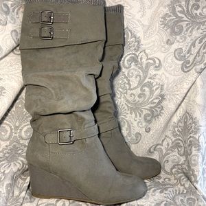 Grey wedge boots with cuff and leg warmer accent